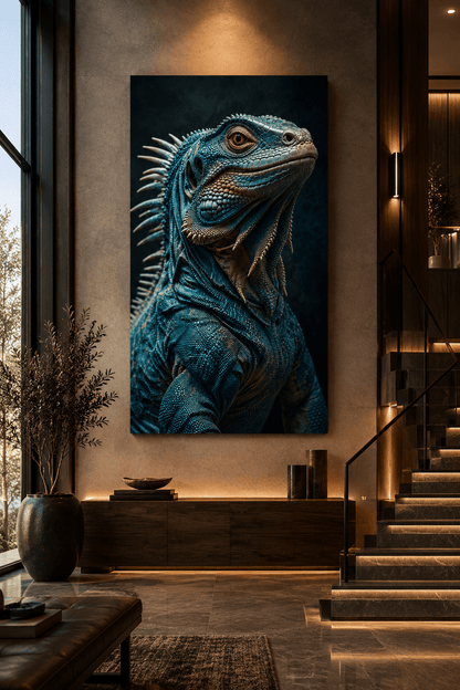 Blue Iguana Portrait Wrapped Canvas Wall Art – Teal Spiny Lizard Reptile Print - ART OF ROYALS