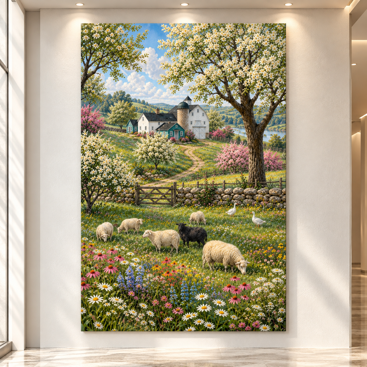 Spring Farm with Sheep & Wildflowers Wrapped Canvas Wall Art – Country Barn Meadow Landscape