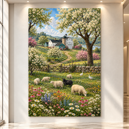 Spring Farm with Sheep & Wildflowers Wrapped Canvas Wall Art – Country Barn Meadow Landscape