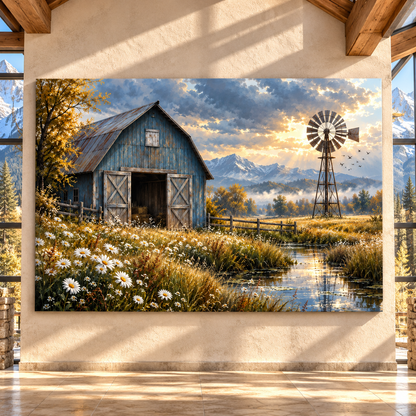 Blue Barn & Windmill Wildflower Meadow Wrapped Canvas Wall Art – Rustic Farmhouse Mountain Landscape