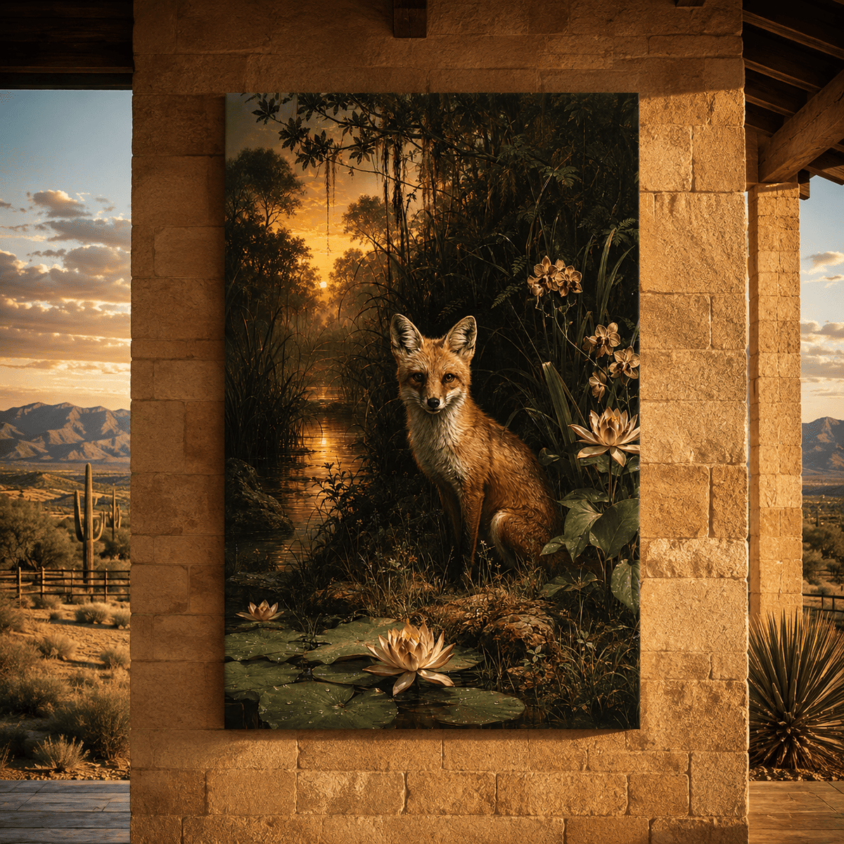 Red Fox by Lily Pond Wrapped Canvas Wall Art – Sunset Wetland Wildlife Print - ART OF ROYALS