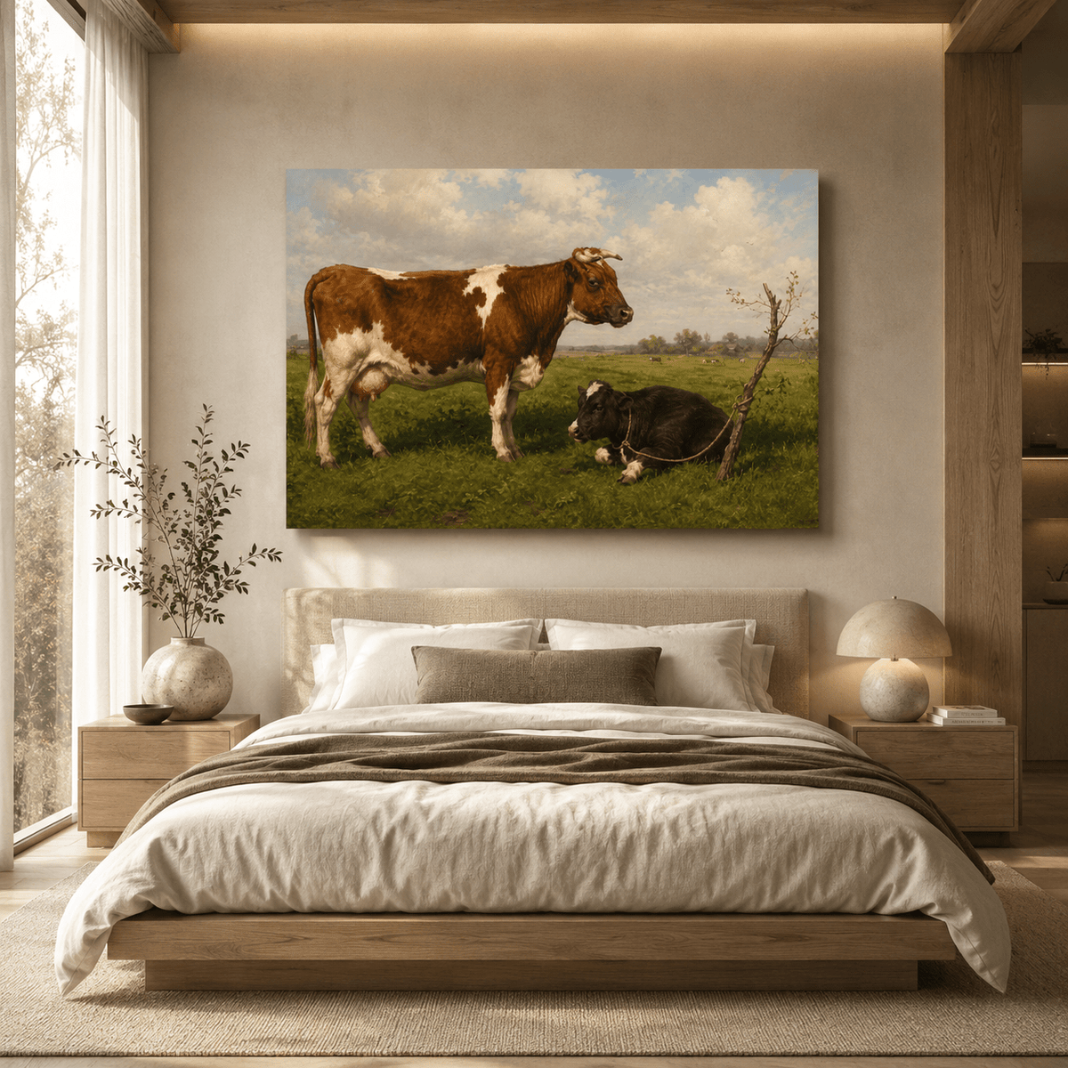 Vintage Cow and Calf Wrapped Canvas Wall Art – Rustic Cattle Pasture Farmhouse Print - ART OF ROYALS