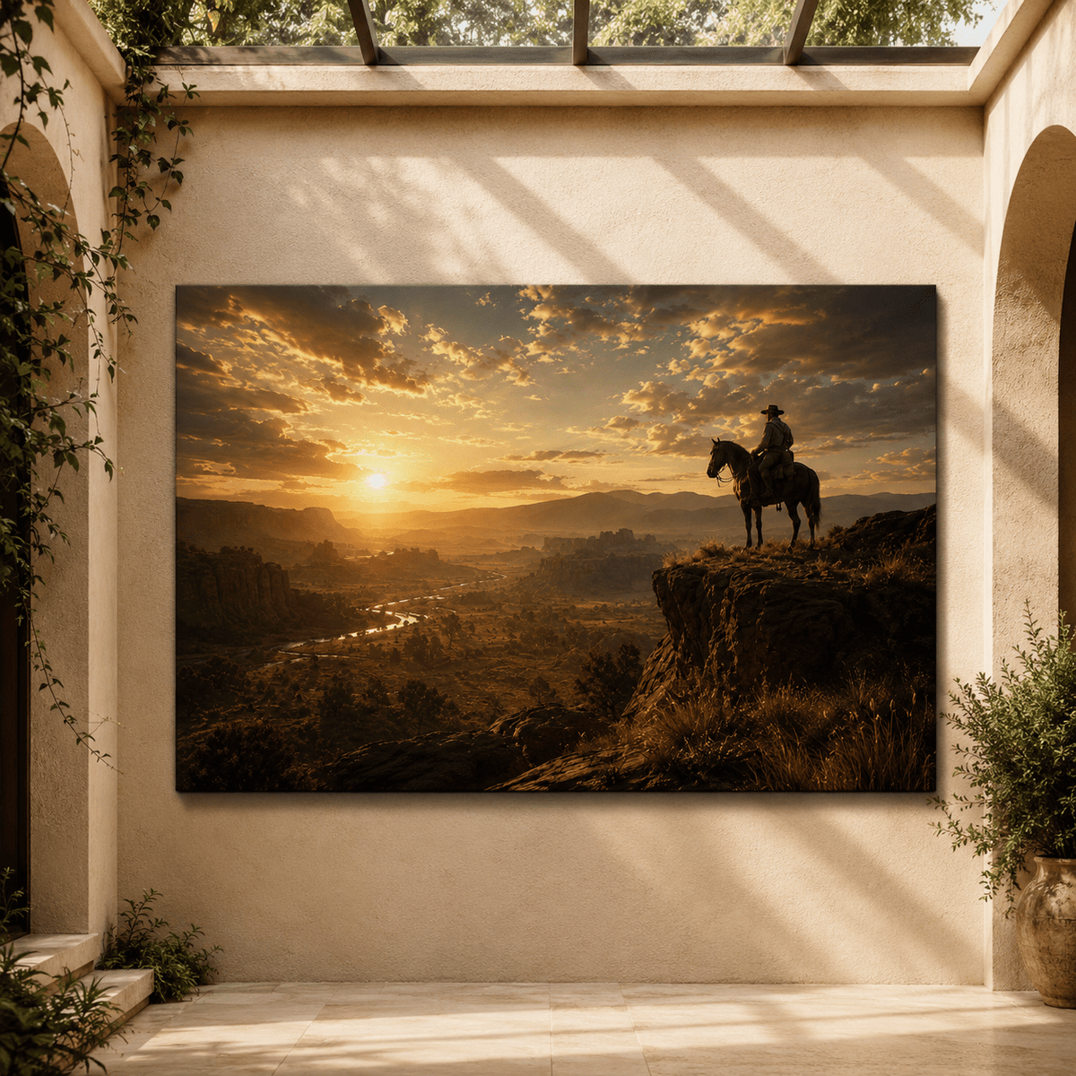 Cowboy Overlooking Western Canyon at Sunset Wrapped Canvas Wall Art – Horseback Rider Landscape Print - ART OF ROYALS