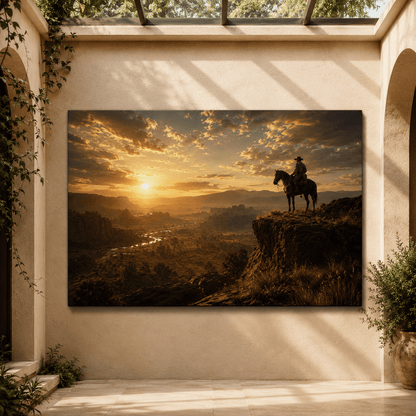 Cowboy Overlooking Western Canyon at Sunset Wrapped Canvas Wall Art – Horseback Rider Landscape Print - ART OF ROYALS