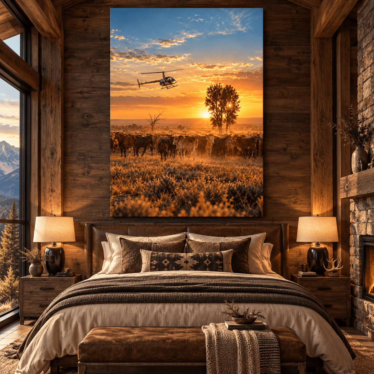 Helicopter Herding Cattle at Sunset Wrapped Canvas Wall Art – Golden Ranch Aviation Landscape Print - ART OF ROYALS
