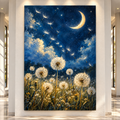 Dandelion Wishes Under Crescent Moon Wrapped Canvas Wall Art – Blue & Gold Celestial Wildflower Painting