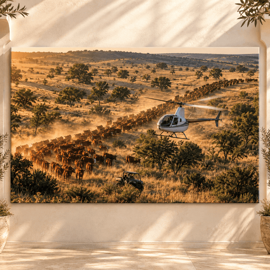 Helicopter Cattle Mustering Wrapped Canvas Wall Art – Large Ranch Herd Sunset Print - ART OF ROYALS
