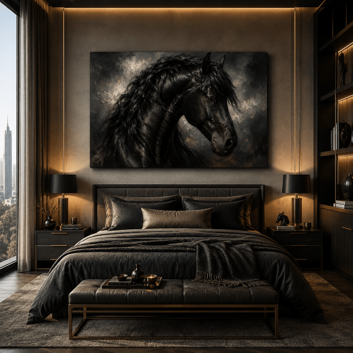 Black Friesian Horse Portrait Wrapped Canvas Wall Art – Classical Oil Painting Print - ART OF ROYALS