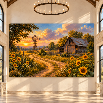 Rustic Farm at Golden Sunset Wrapped Canvas Wall Art – Sunflower Field, Windmill & Old Barn Country Landscape Print