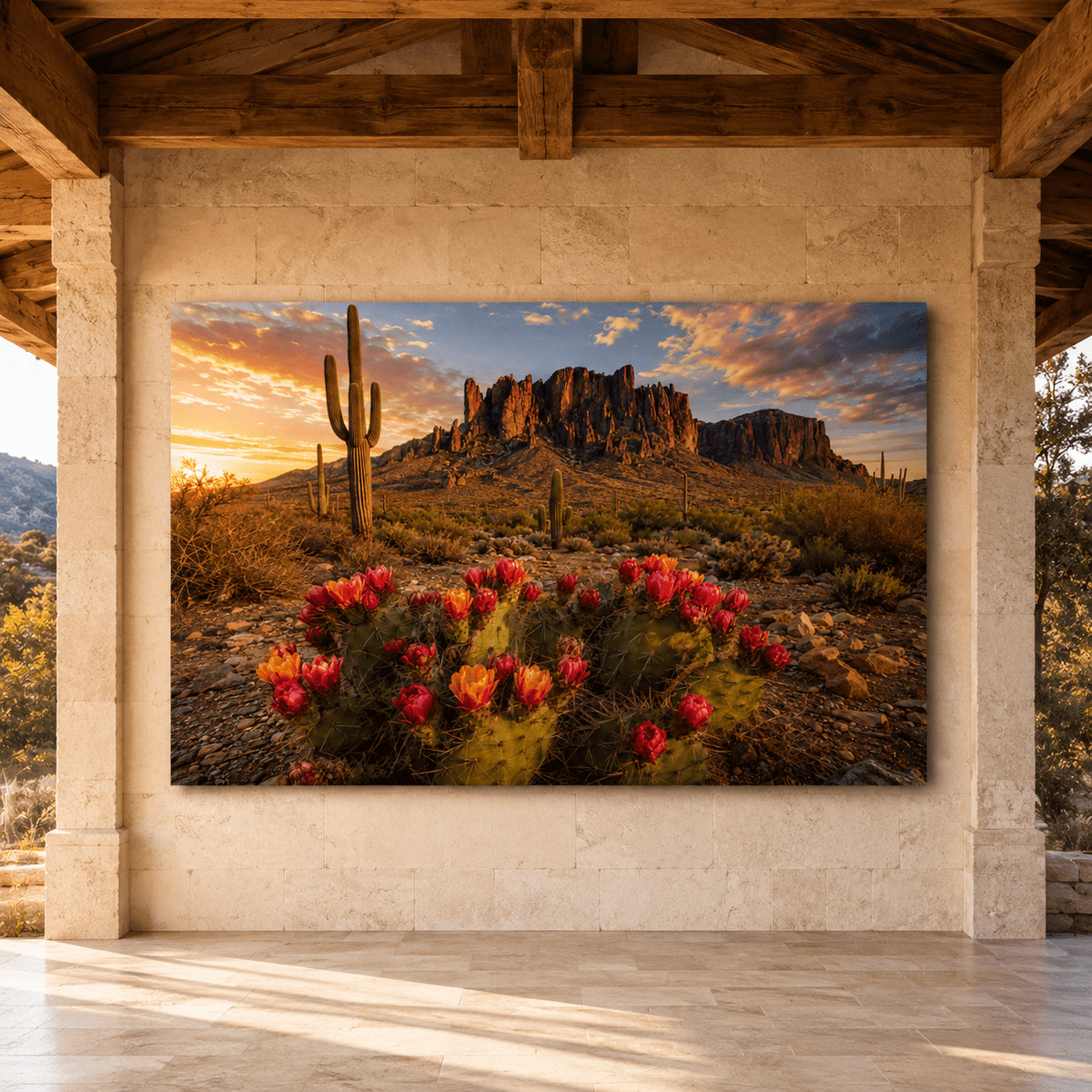 Blooming Desert Cactus at Sunset Wrapped Canvas Wall Art – Southwestern Landscape Print - ART OF ROYALS