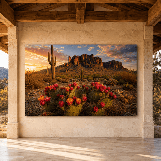 Blooming Desert Cactus at Sunset Wrapped Canvas Wall Art – Southwestern Landscape Print - ART OF ROYALS