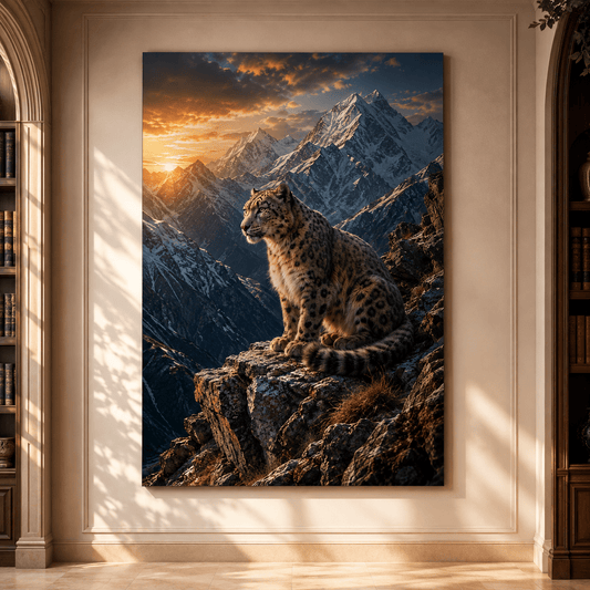 Snow Leopard at Mountain Sunrise Wrapped Canvas Wall Art – Himalayan Big Cat Wildlife Print - ART OF ROYALS