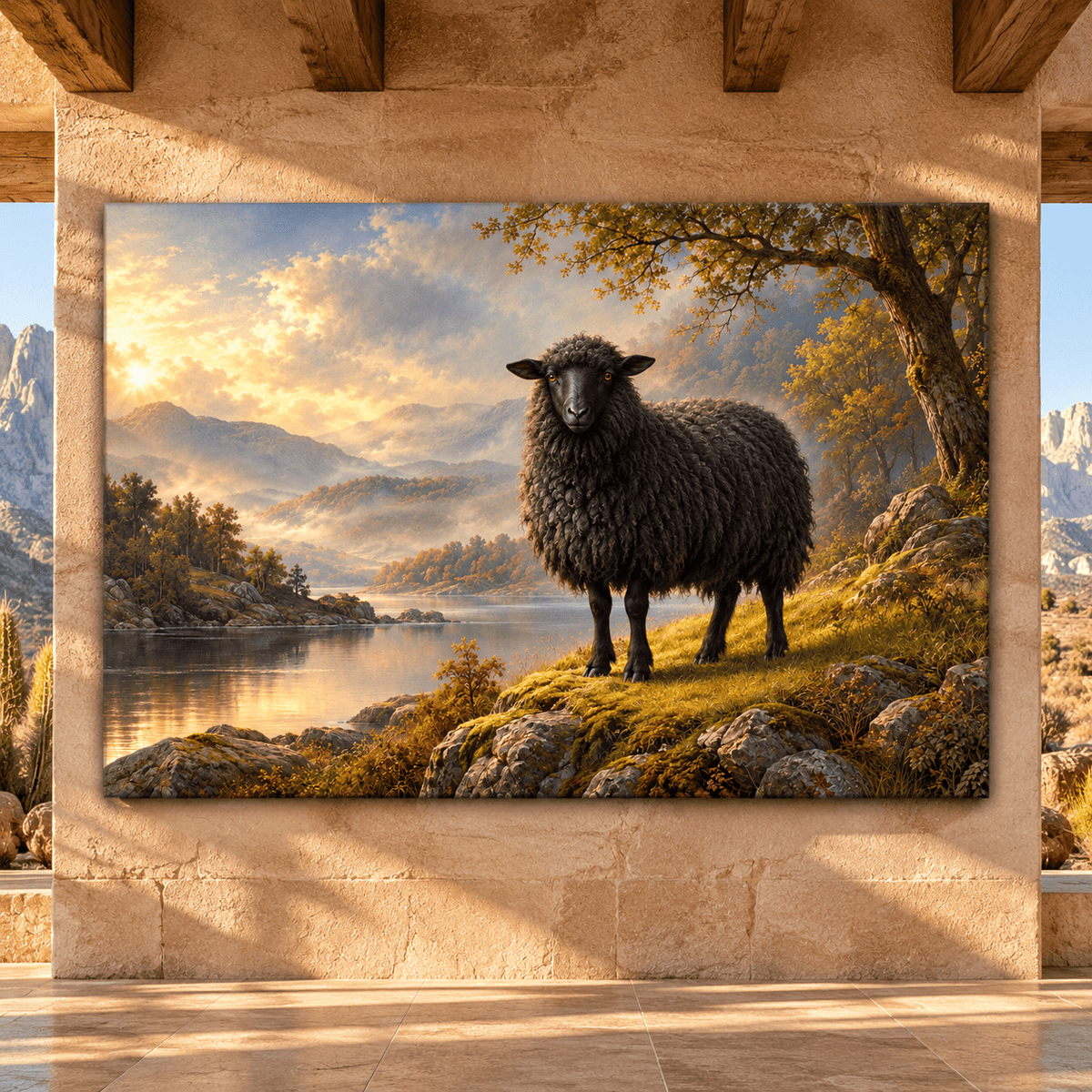 Black Sheep by Mountain Lake Wrapped Canvas Wall Art – Moody Pastoral Countryside Landscape