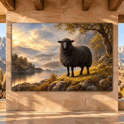 Black Sheep by Mountain Lake Wrapped Canvas Wall Art – Moody Pastoral Countryside Landscape