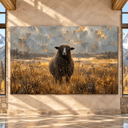 Black Sheep in Golden Meadow Wrapped Canvas Wall Art – Modern Rustic Farmhouse Painting - ART OF ROYALS