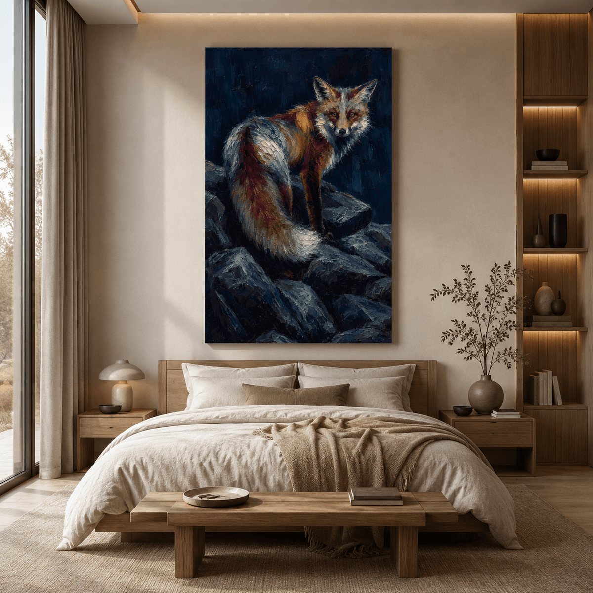 Red Fox on Rocky Ledge Wrapped Canvas Wall Art – Dark Moody Wildlife Painting Print - ART OF ROYALS