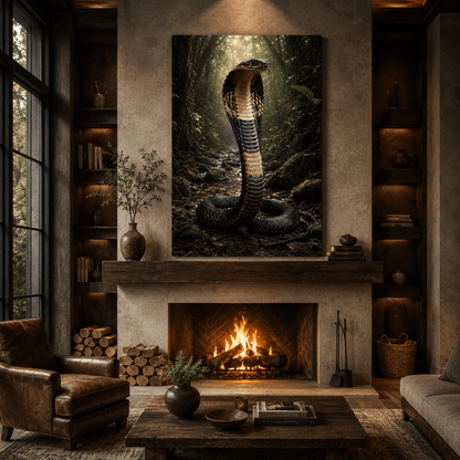 Black Cobra Snake Wrapped Canvas Wall Art – Hooded Serpent in Dark Jungle Print - ART OF ROYALS