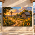 Rustic Farm at Golden Sunset Wrapped Canvas Wall Art – Sunflower Field, Windmill & Old Barn Country Landscape Print