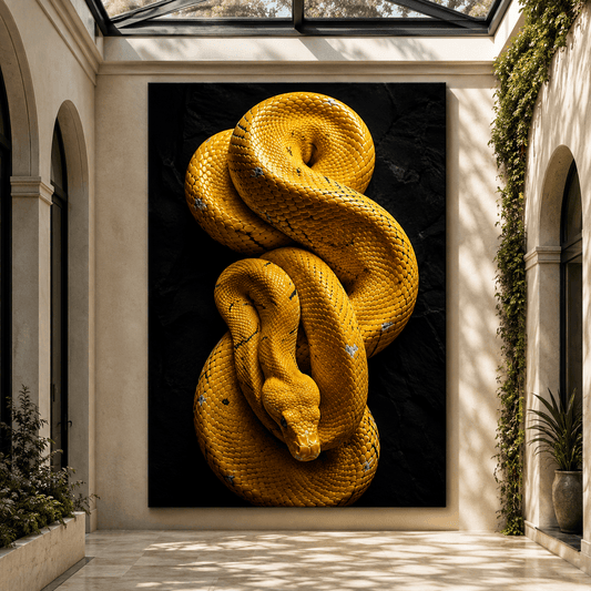 Golden Yellow Python Snake Wrapped Canvas Wall Art – Coiled Reptile Wildlife Print - ART OF ROYALS