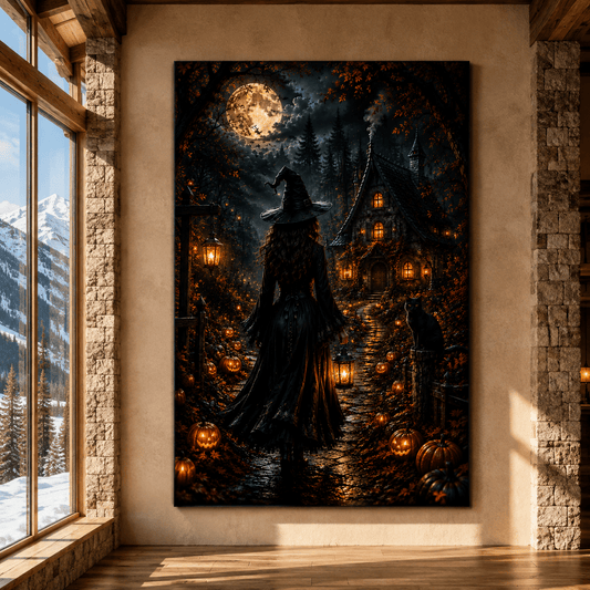 Halloween Witch Wrapped Canvas Wall Art – Gothic Moonlit Cottage & Black Cat Print - ART OF ROYALS