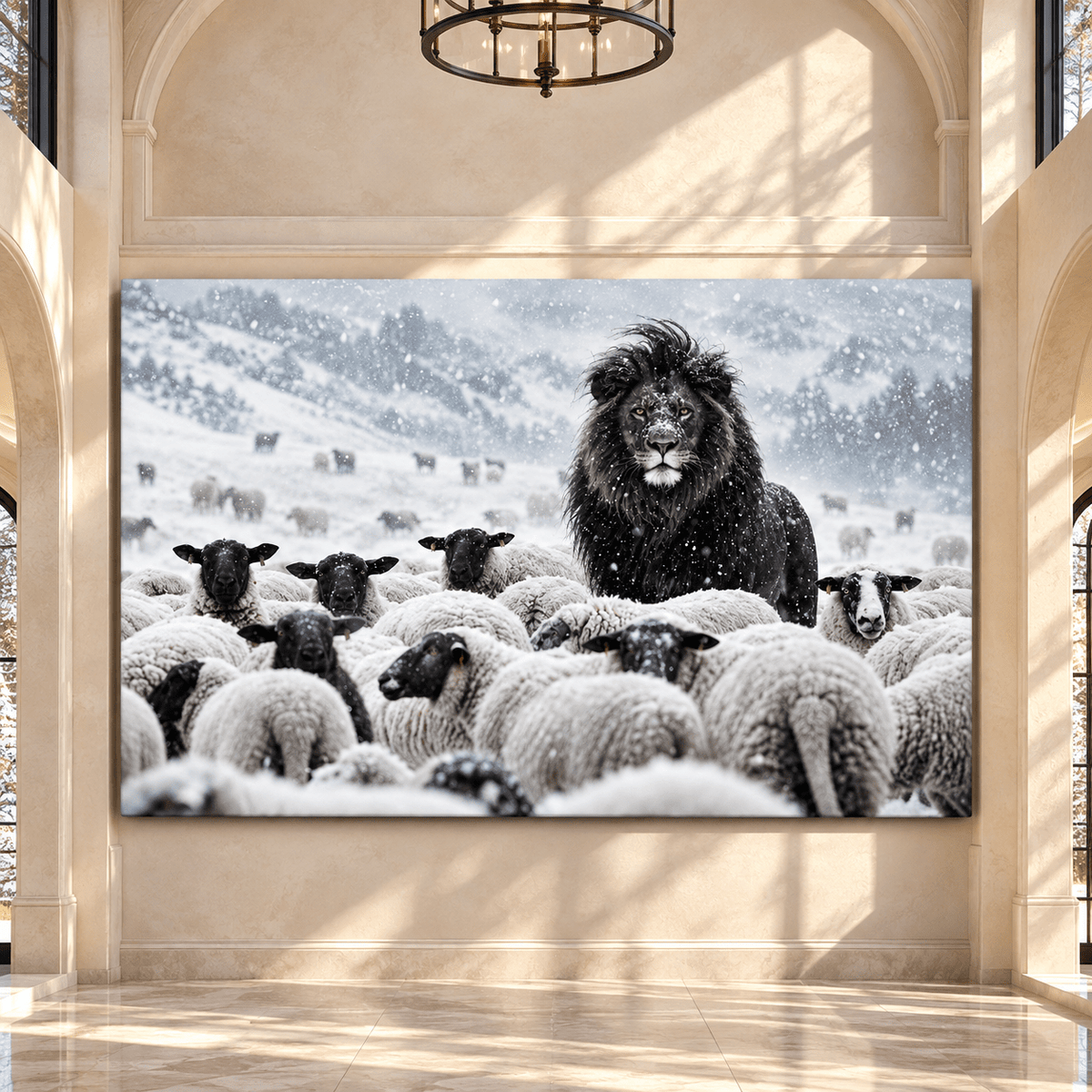 Black Lion Among Sheep in Snow Wrapped Canvas Wall Art – Dramatic Winter Wildlife & Farm Animal Scene