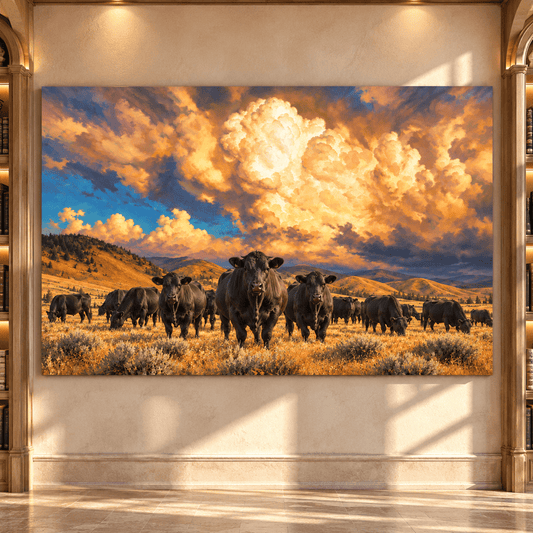 Black Angus Cattle Herd Under Golden Storm Clouds Wrapped Canvas Wall Art – Western Ranch Landscape - ART OF ROYALS