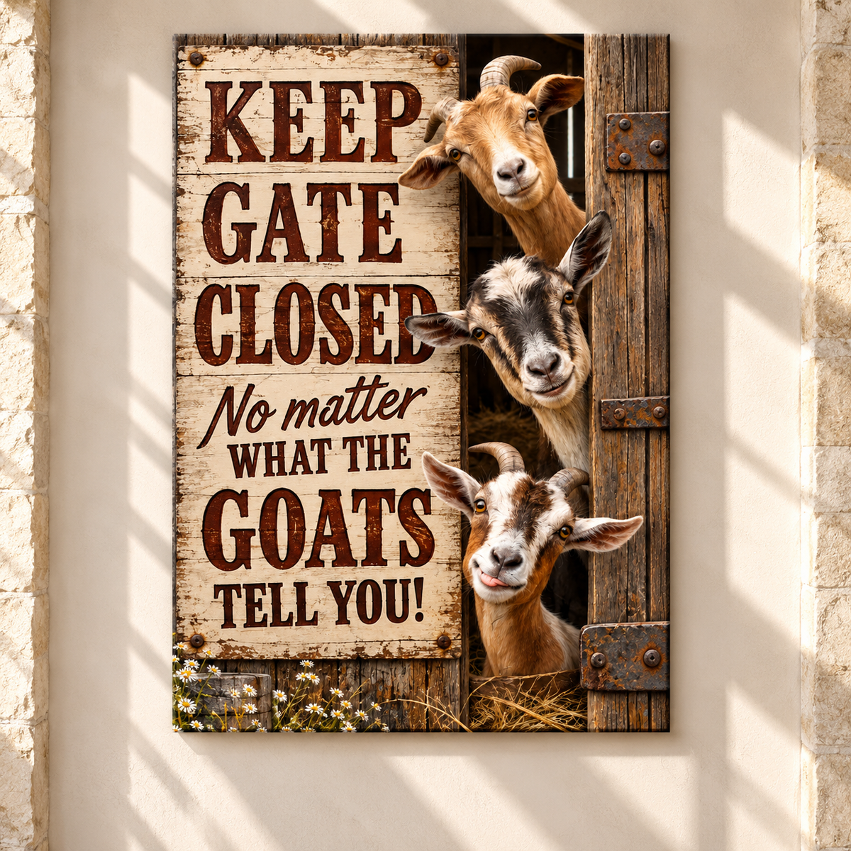 Funny Goat “Keep Gate Closed” Wrapped Canvas Wall Art – Rustic Farmhouse Barn Humor Sign