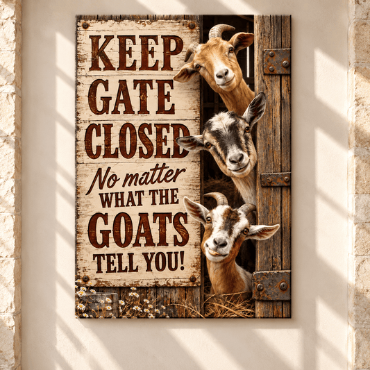 Funny Goat “Keep Gate Closed” Wrapped Canvas Wall Art – Rustic Farmhouse Barn Humor Sign - ART OF ROYALS