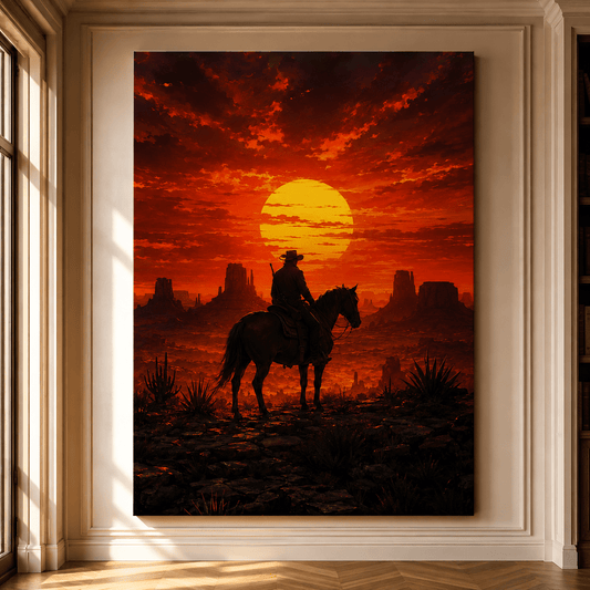 Cowboy at Red Sunset Wrapped Canvas Wall Art – Western Desert Horse Monument Valley Print - ART OF ROYALS