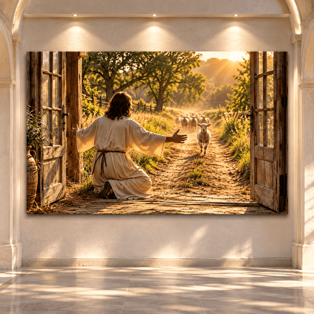 Good Shepherd Welcoming the Lost Lamb Wrapped Canvas Wall Art – Biblical Christian Farmhouse Scene - ART OF ROYALS