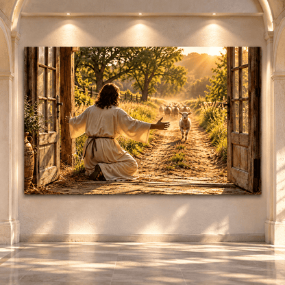 Good Shepherd Welcoming the Lost Lamb Wrapped Canvas Wall Art – Biblical Christian Farmhouse Scene - ART OF ROYALS