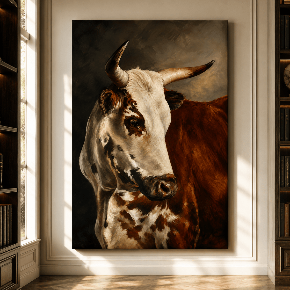 Brown and White Longhorn Cow Portrait Wrapped Canvas Wall Art – Rustic Western Cattle Painting - ART OF ROYALS