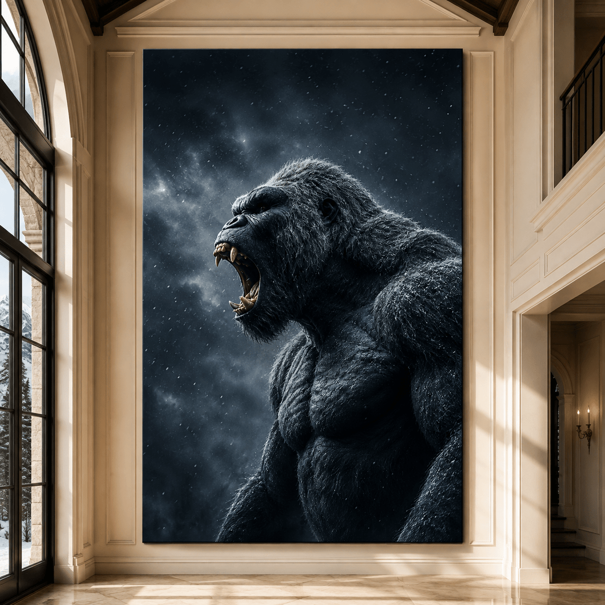 Roaring Silverback Gorilla Wrapped Canvas Wall Art – Powerful Dark Primate Wildlife Portrait - ART OF ROYALS
