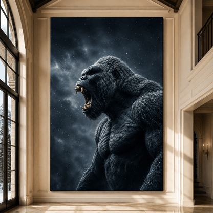 Roaring Silverback Gorilla Wrapped Canvas Wall Art – Powerful Dark Primate Wildlife Portrait - ART OF ROYALS