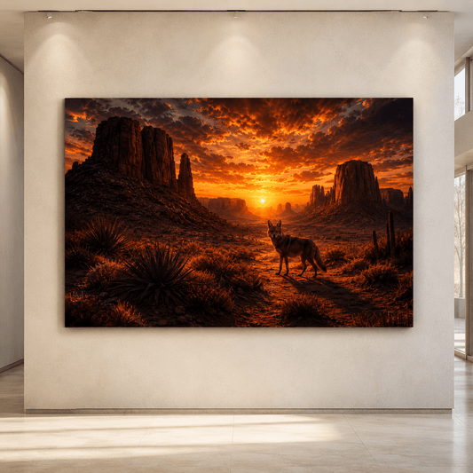 Coyote at Desert Sunset Wrapped Canvas Wall Art – Western Canyon Wildlife Landscape Print - ART OF ROYALS