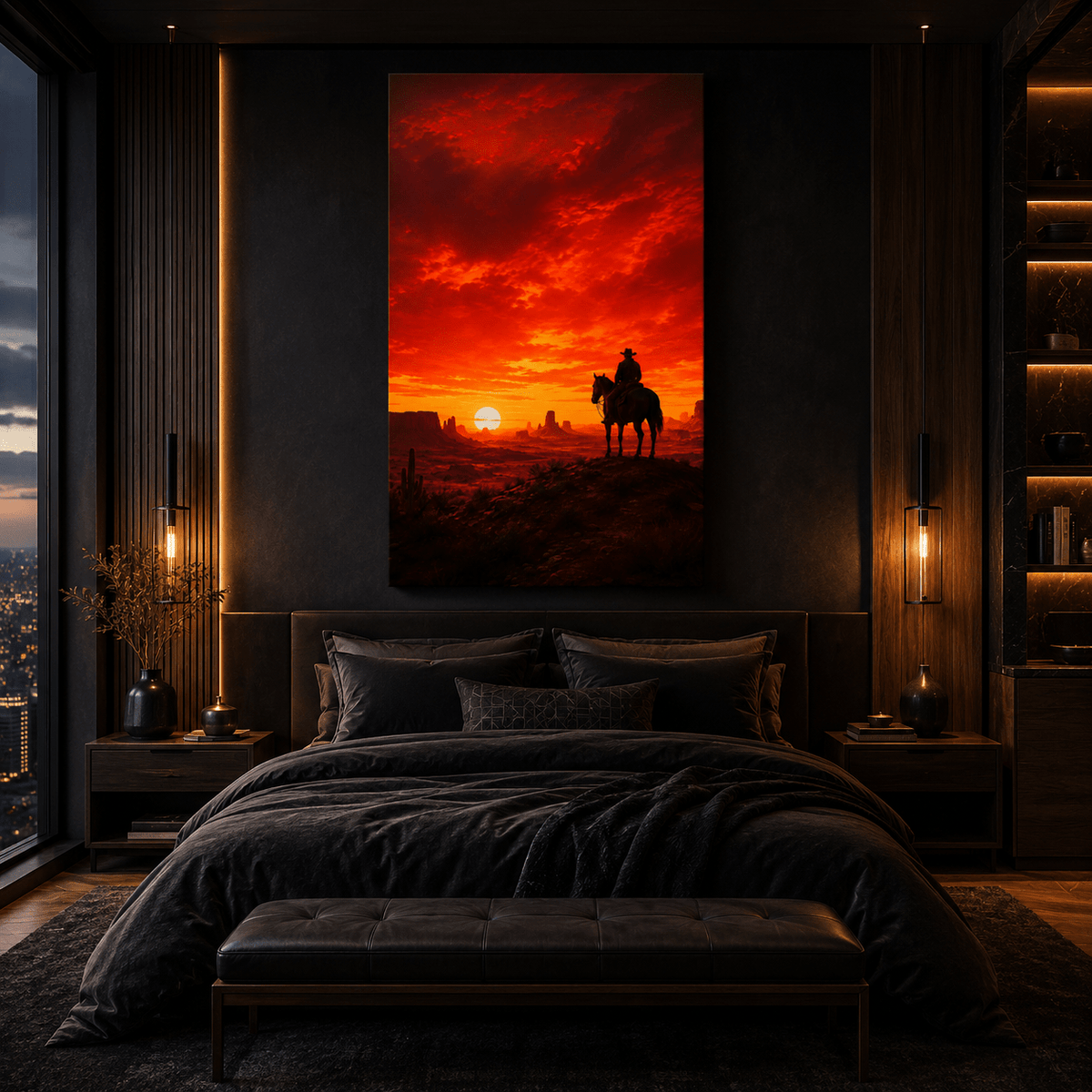 Lone Cowboy at Fiery Red Sunset Wrapped Canvas Wall Art – Western Horse & Desert Landscape Print - ART OF ROYALS