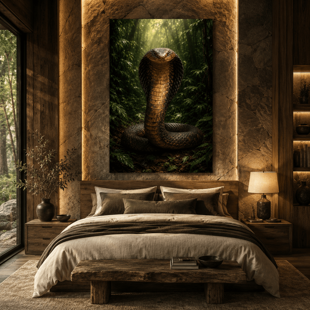 King Cobra in Tropical Rainforest Wrapped Canvas Wall Art – Powerful Hooded Snake Wildlife Print - ART OF ROYALS