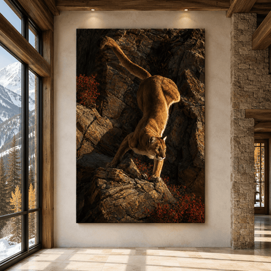 Cougar Descending Rocky Cliff Wrapped Canvas Wall Art – Autumn Wildlife Photography Print - ART OF ROYALS