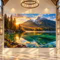 Crystal Clear Mountain Lake at Golden Sunrise Wrapped Canvas Wall Art – Alpine Forest Landscape Print