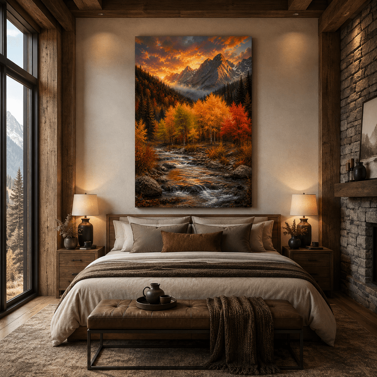 Autumn Mountain Stream Wrapped Canvas Wall Art – Fall Foliage Sunset Landscape Print - ART OF ROYALS