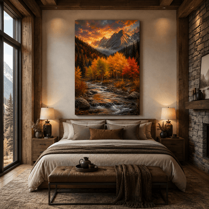 Autumn Mountain Stream Wrapped Canvas Wall Art – Fall Foliage Sunset Landscape Print - ART OF ROYALS