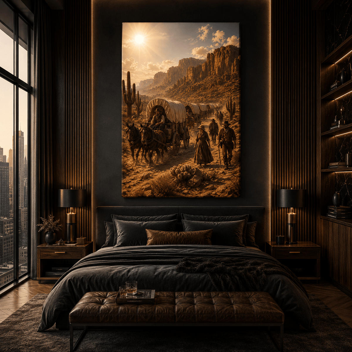 Covered Wagon Train Wrapped Canvas Wall Art – Old West Pioneer Trail & Western Frontier Print - ART OF ROYALS