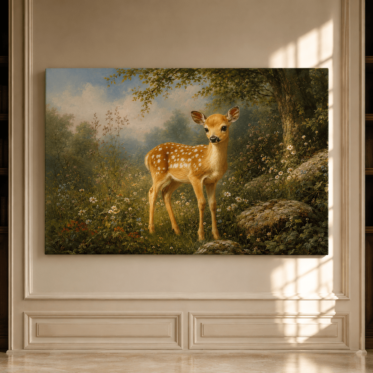 Spotted Fawn in Wildflower Meadow Wrapped Canvas Wall Art – Woodland Baby Deer Nature Print - ART OF ROYALS