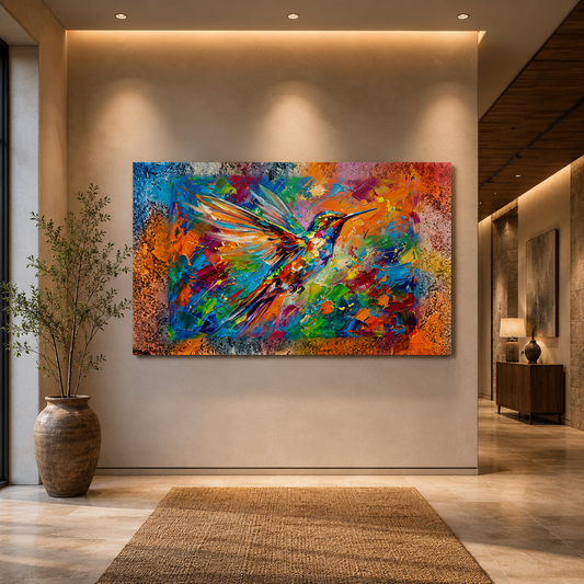 Electric Hummingbird Burst Abstract Canvas Wall Art – Colorful Modern Bird Decor - ART OF ROYALS