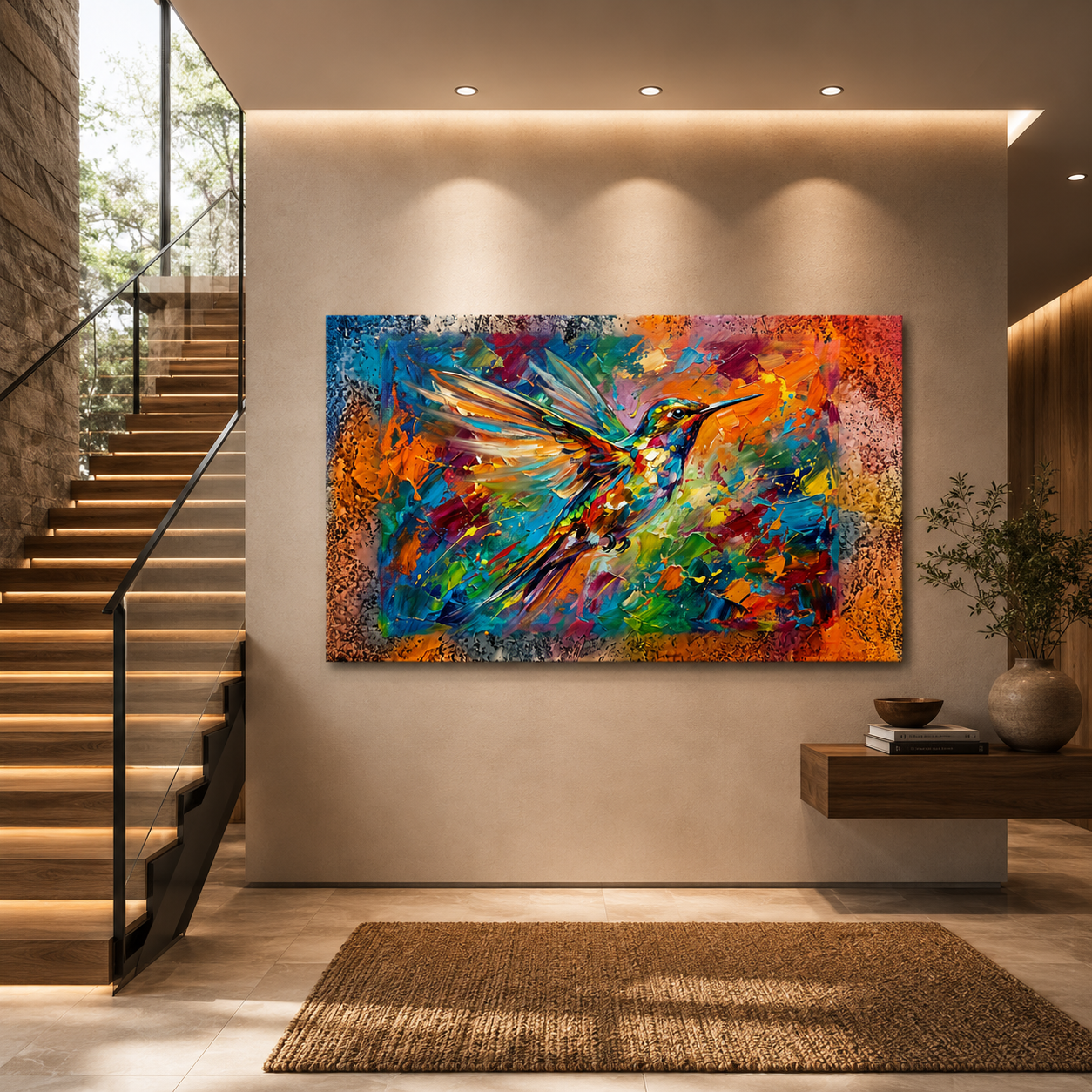 Electric Hummingbird Burst Abstract Color Splash Canvas Wall Art