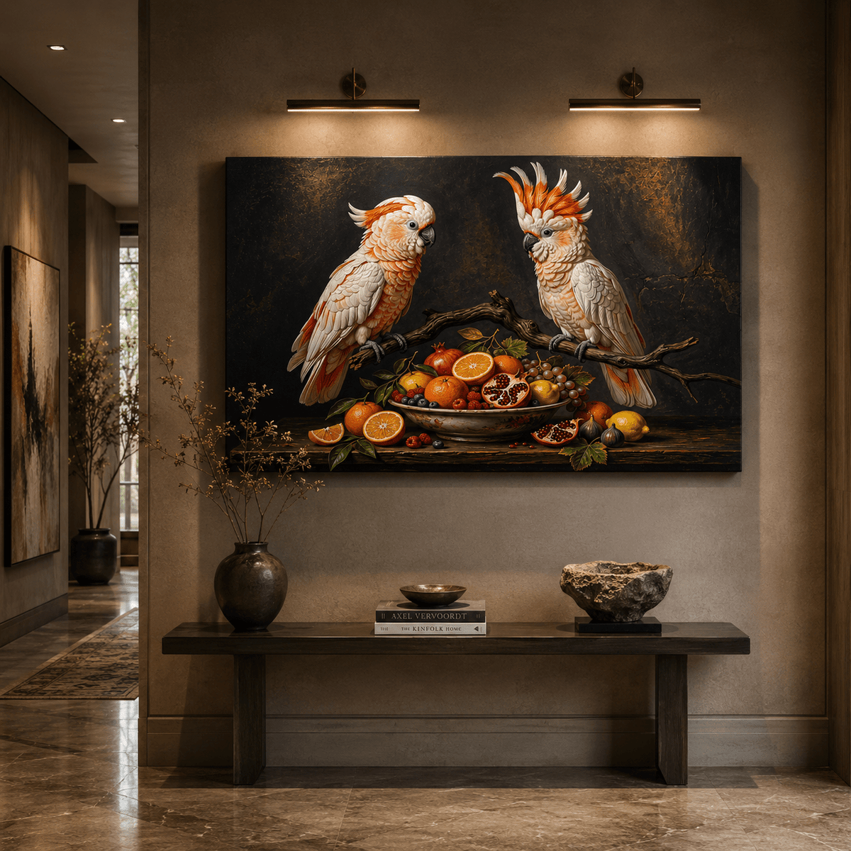 Elegant Harmony Cockatoo Canvas Wall Art – Luxury Bird Still Life Decor for Sophisticated Interiors - ART OF ROYALS