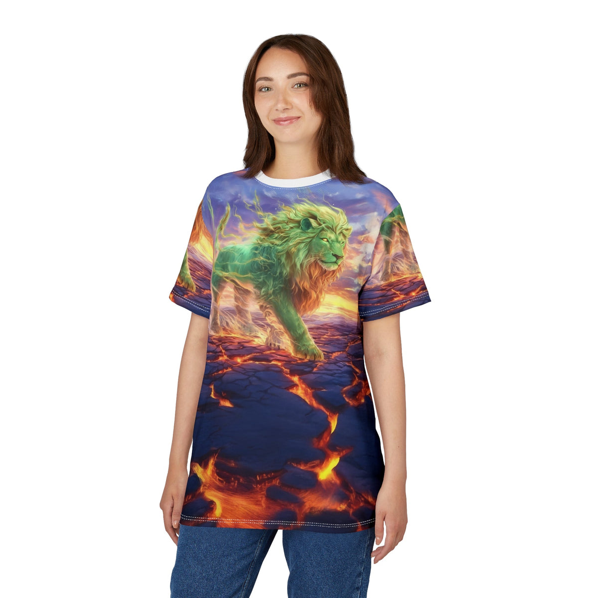 🌋 Emerald Blaze Lion – Elemental Power T-Shirt - ART OF ROYALS