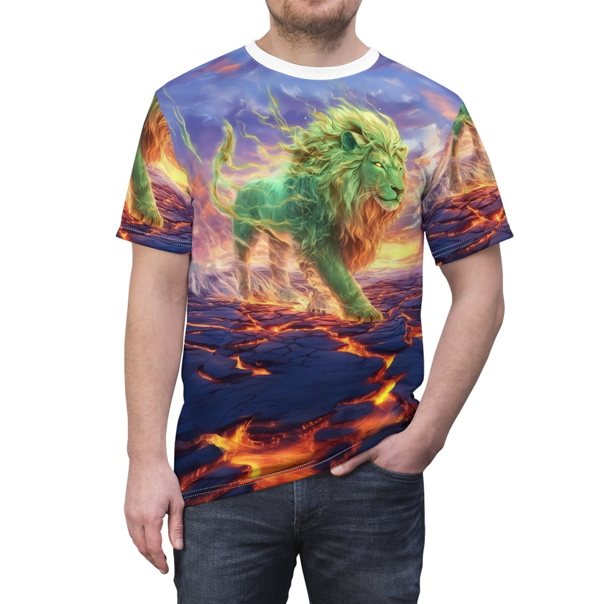 🌋 Emerald Blaze Lion – Elemental Power T-Shirt - ART OF ROYALS