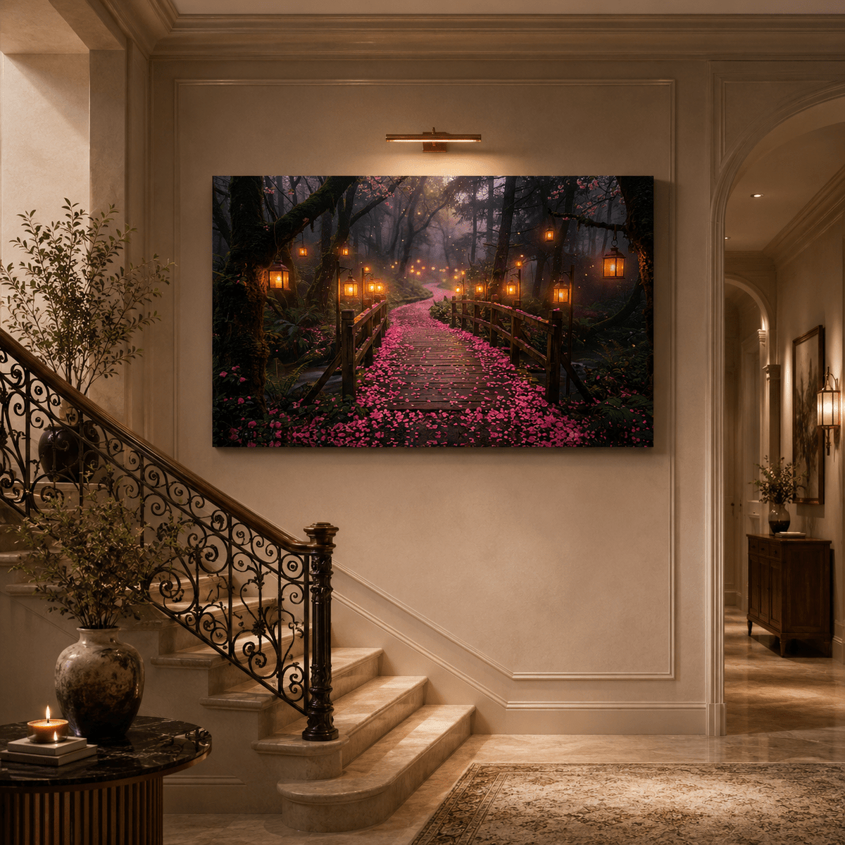Enchanted Forest Lantern Path Canvas Wall Art – Romantic Woodland Bridge & Magical Nature Decor - ART OF ROYALS