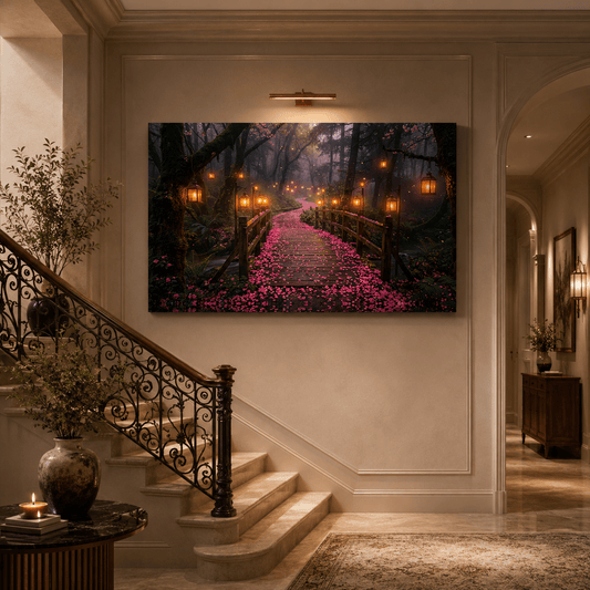 Enchanted Forest Lantern Path Canvas Wall Art – Romantic Woodland Bridge & Magical Nature Decor - ART OF ROYALS